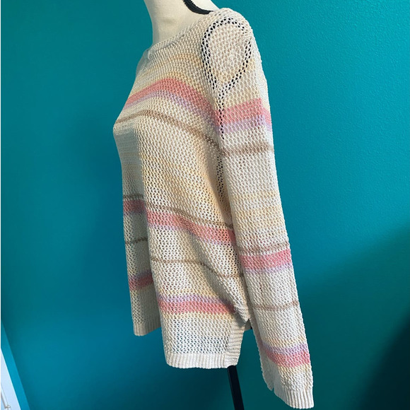 Chico’s Women's Cream Stripe Open Knit Long Sleeve Sweater - Picture 4 of 9